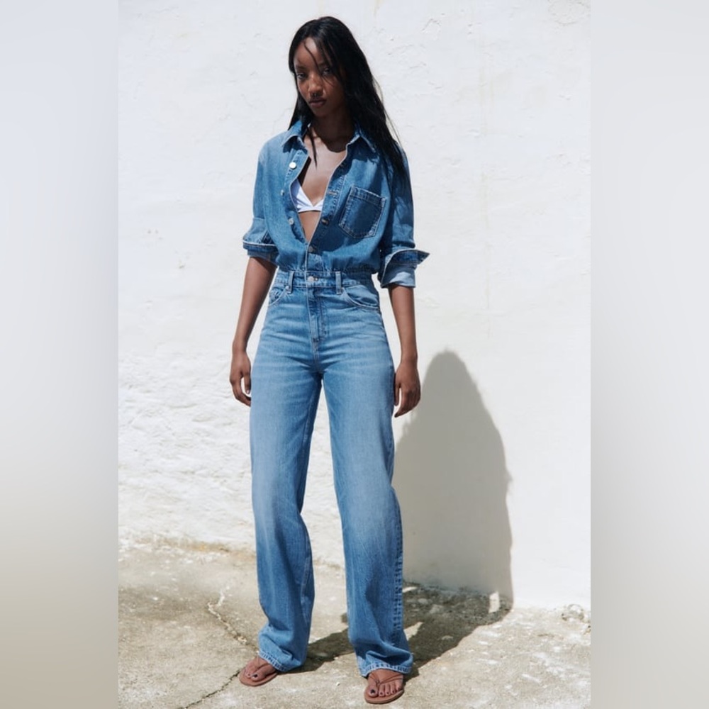 ZARA TRF STRAIGHT LEG DENIM JUMPSUIT BLUE SIZE L